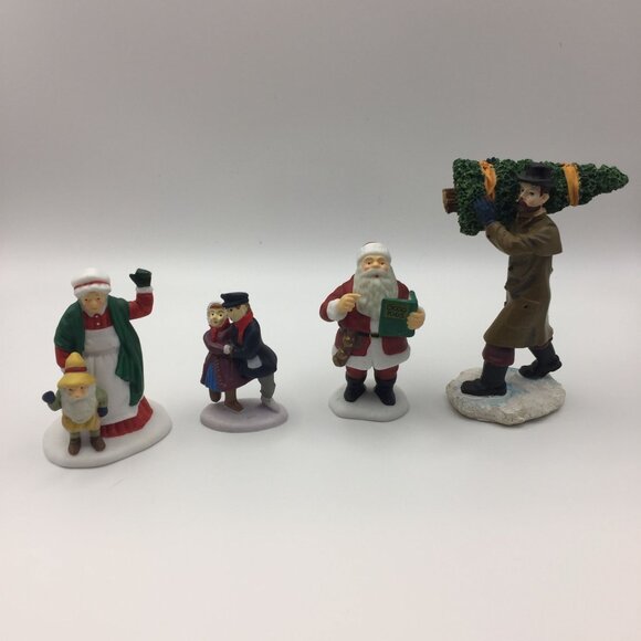 Set of 4 Christmas Village People Figures Santa Mrs. Claus Skaters Man Elf Tree - Picture 1 of 10